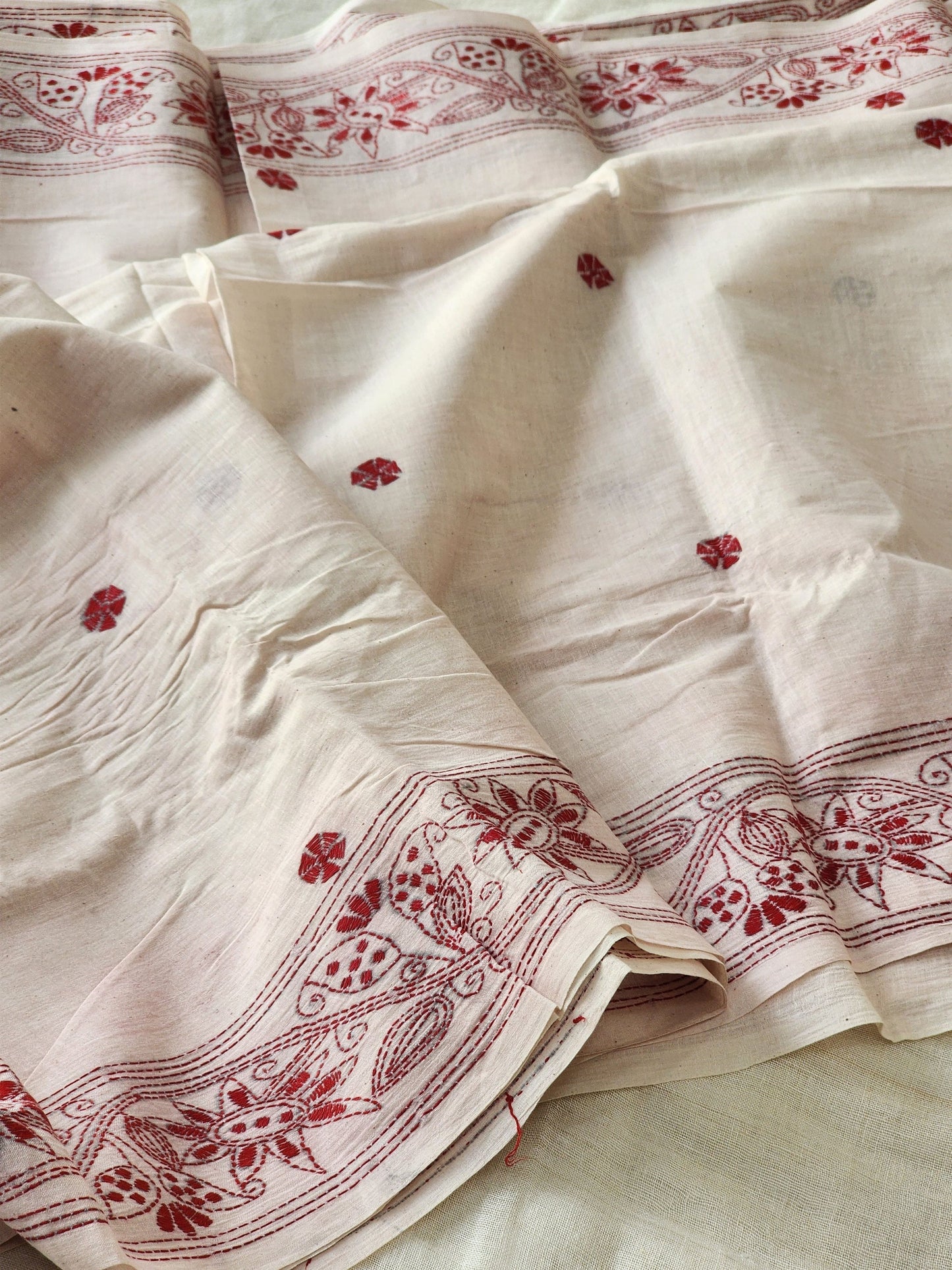 Cream Kantha Cotton Saree