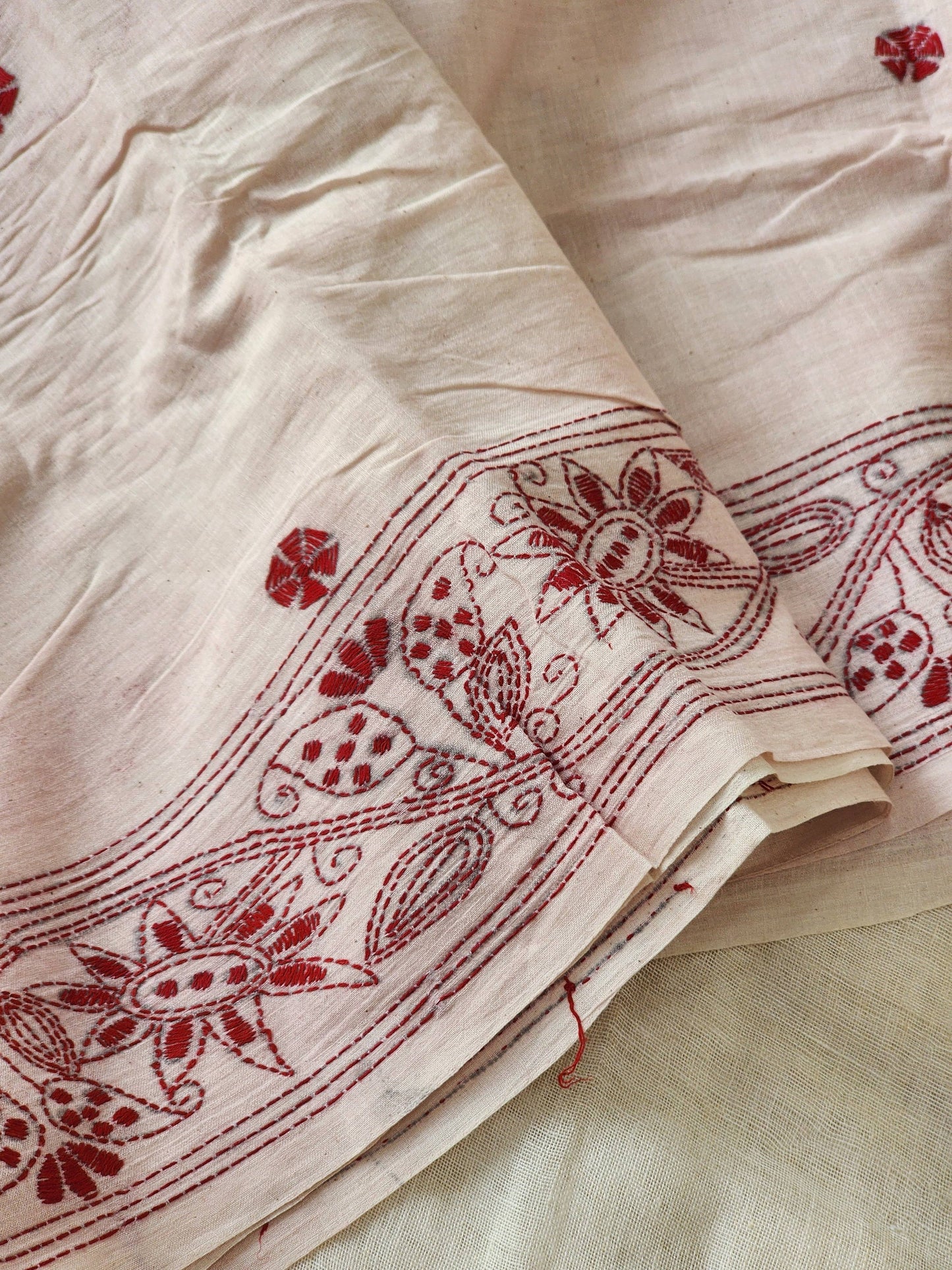 Cream Kantha Cotton Saree