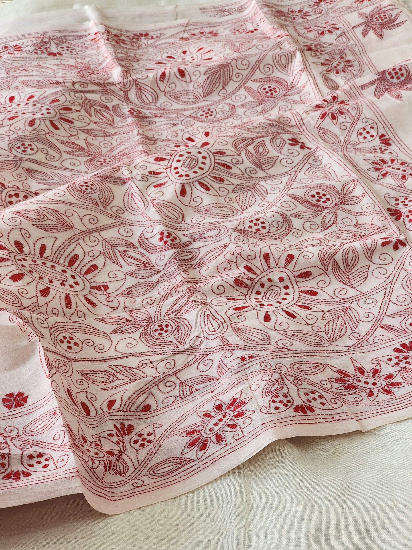 Cream Kantha Cotton Saree