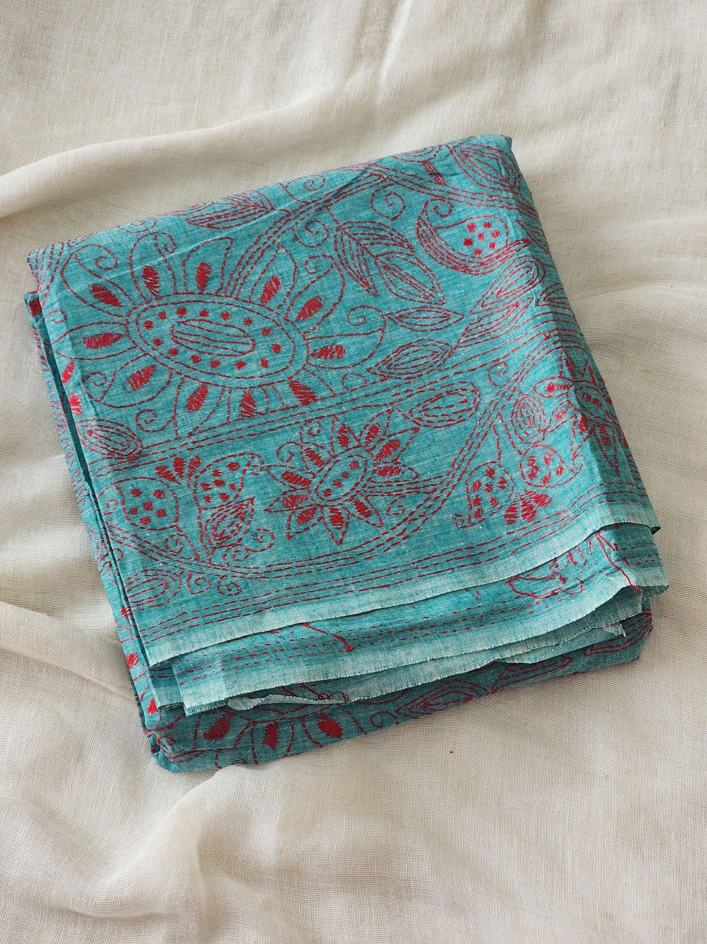 Sea Green Kantha Cotton Saree
