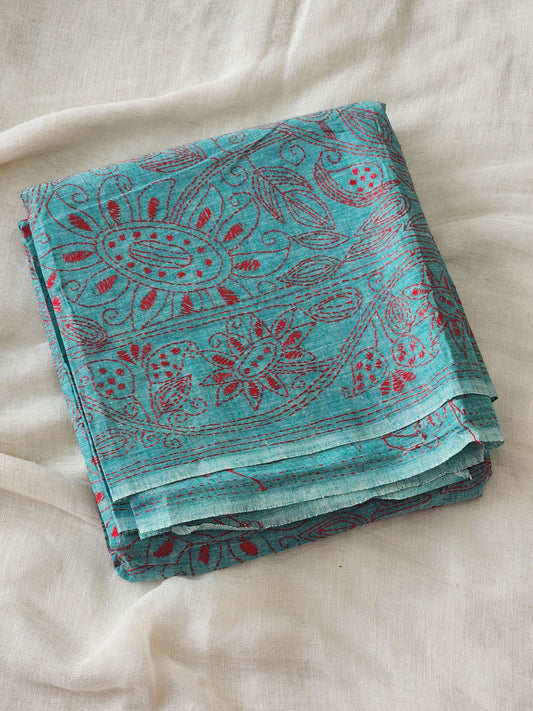 Sea Green Kantha Cotton Saree