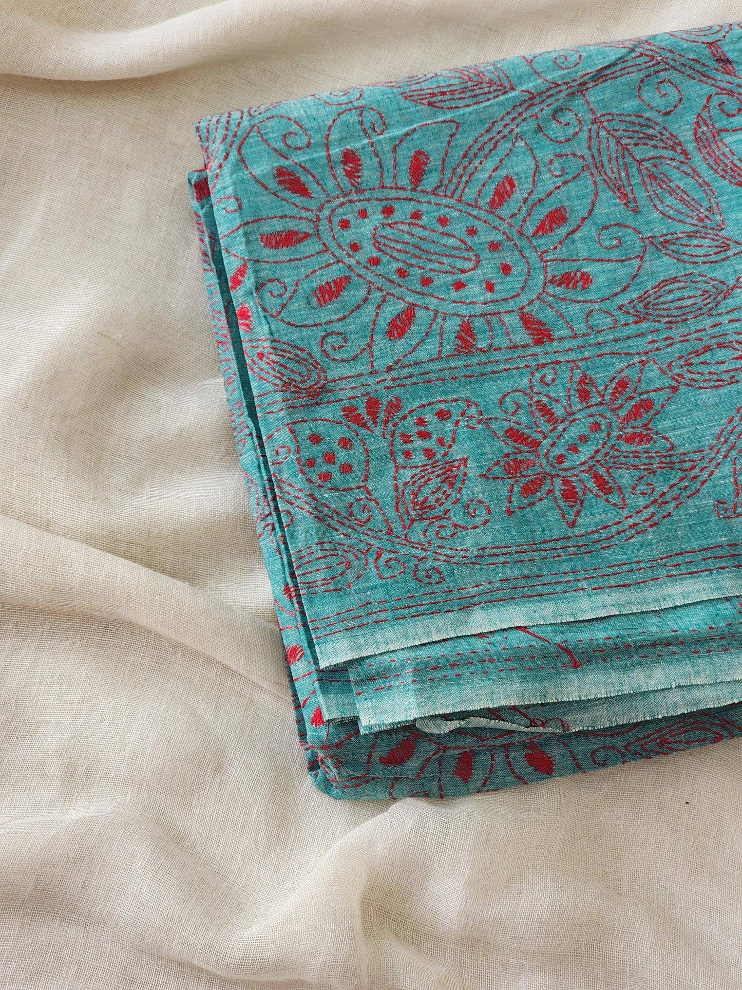Sea Green Kantha Cotton Saree