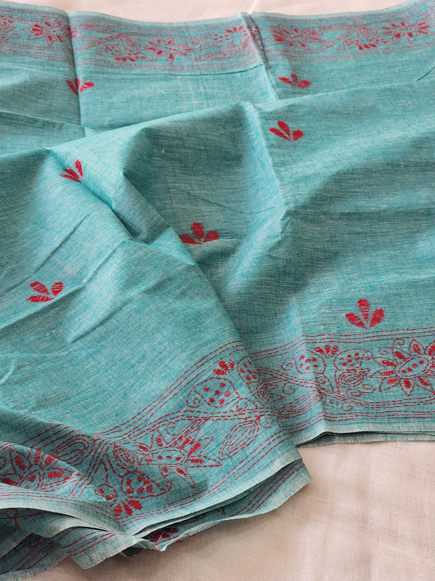 Sea Green Kantha Cotton Saree