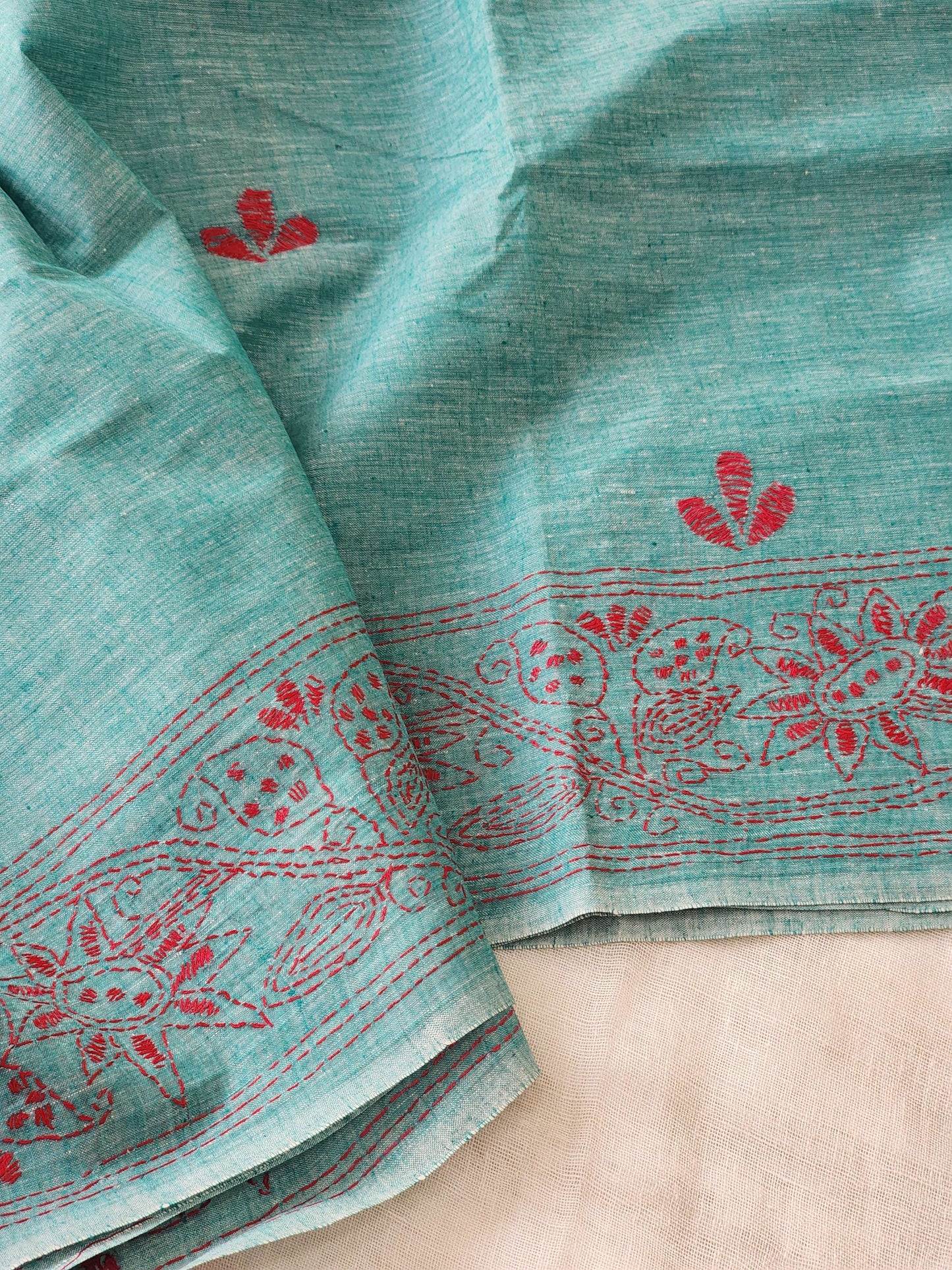 Sea Green Kantha Cotton Saree