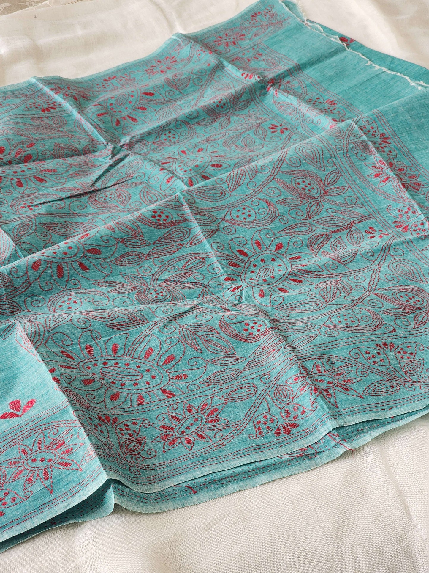 Sea Green Kantha Cotton Saree