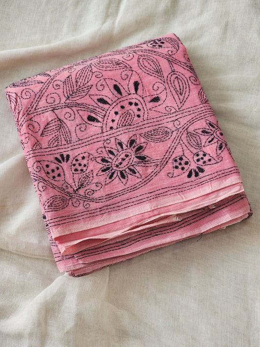 Pink Kantha Cotton Saree