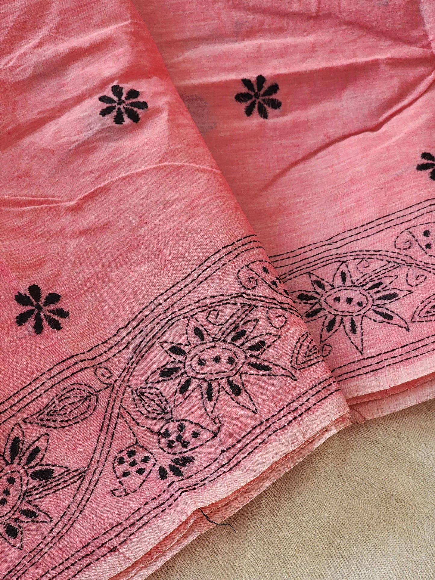 Pink Kantha Cotton Saree