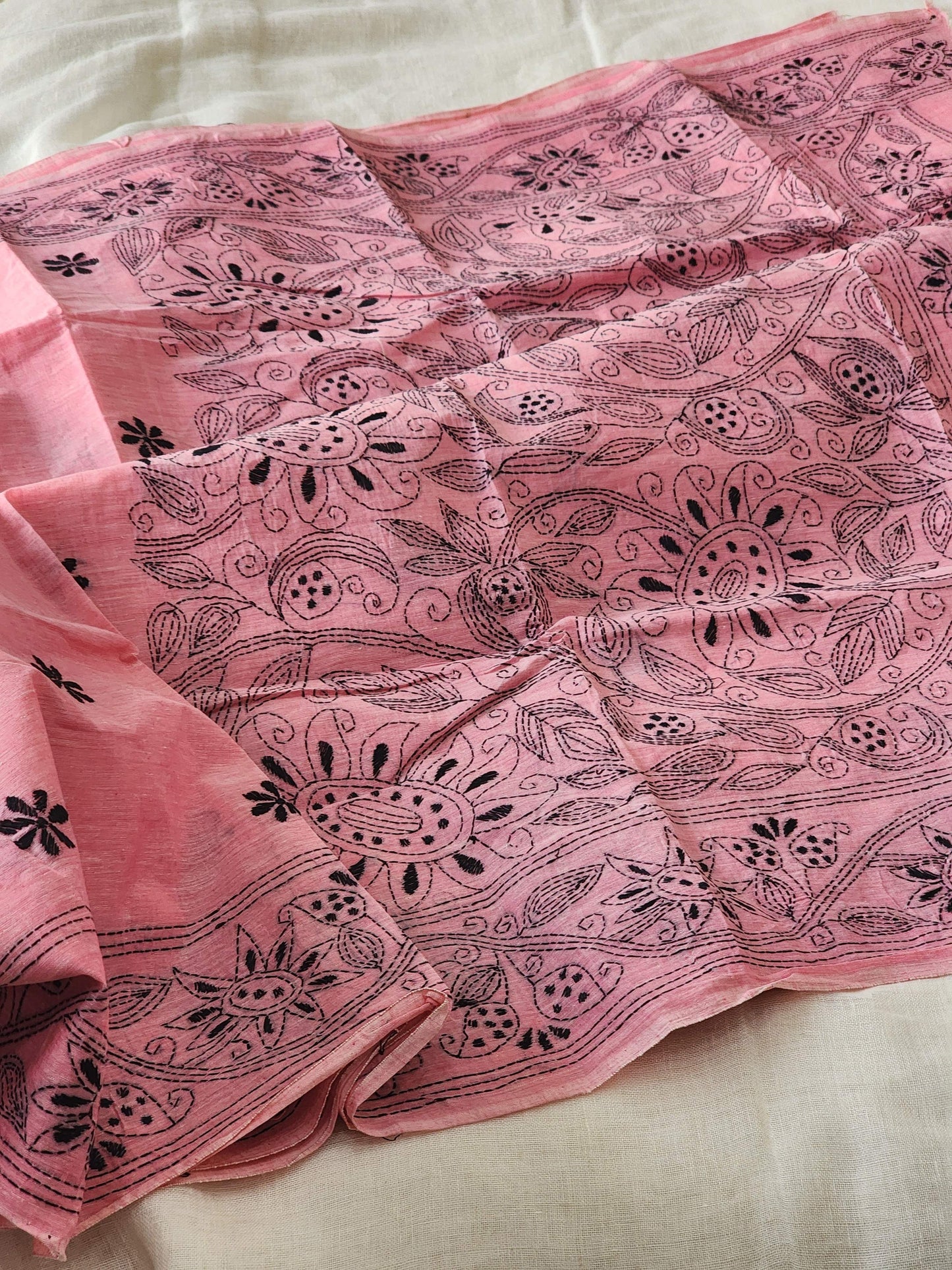 Pink Kantha Cotton Saree
