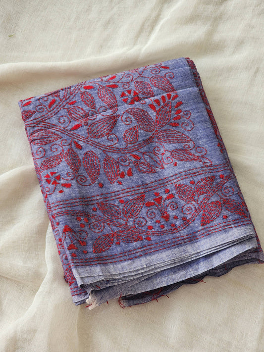 Purple Blue Kantha Cotton Saree