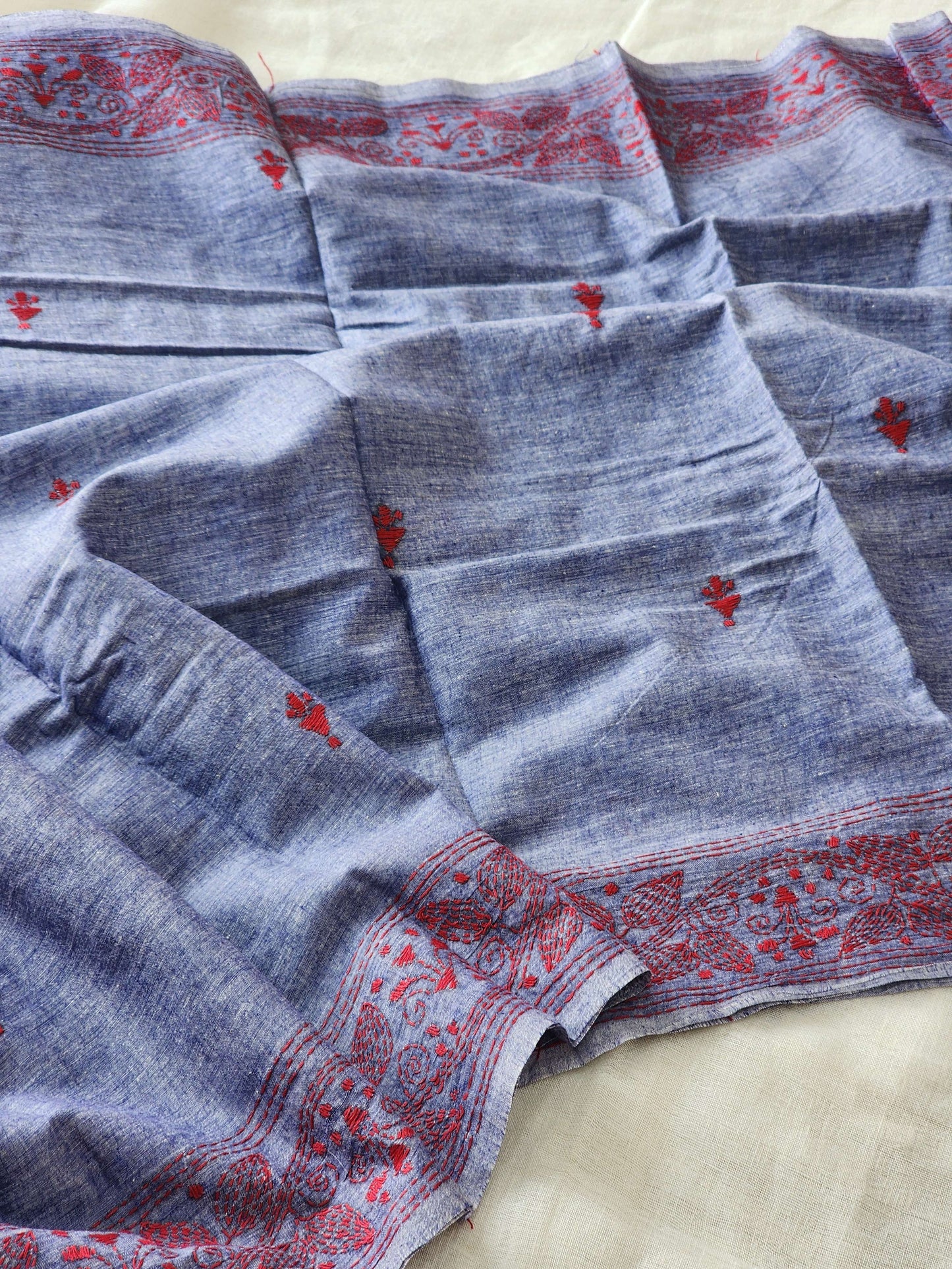 Purple Blue Kantha Cotton Saree