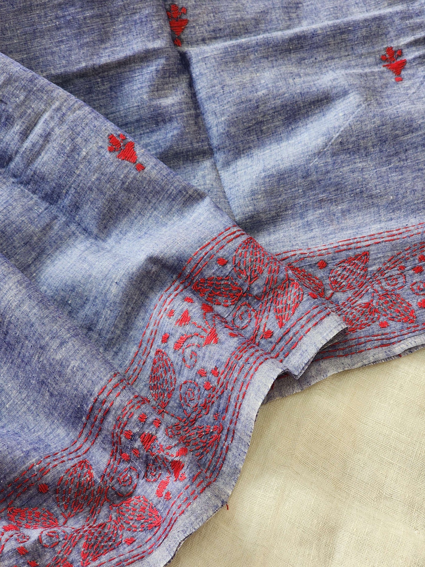 Purple Blue Kantha Cotton Saree