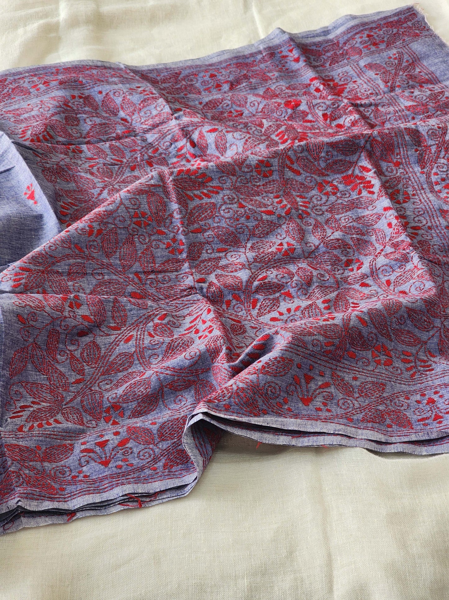 Purple Blue Kantha Cotton Saree