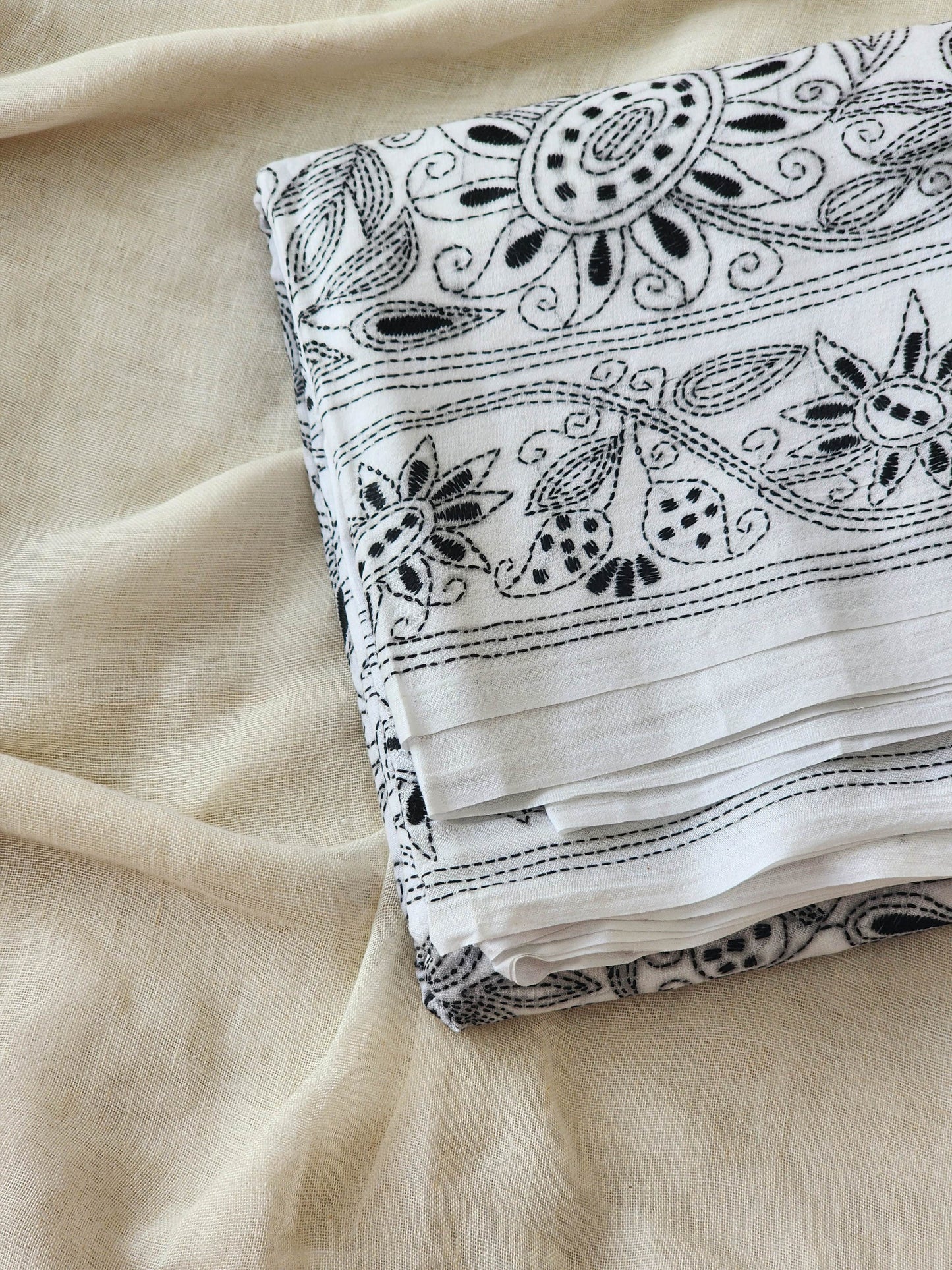 White Kantha Cotton Saree