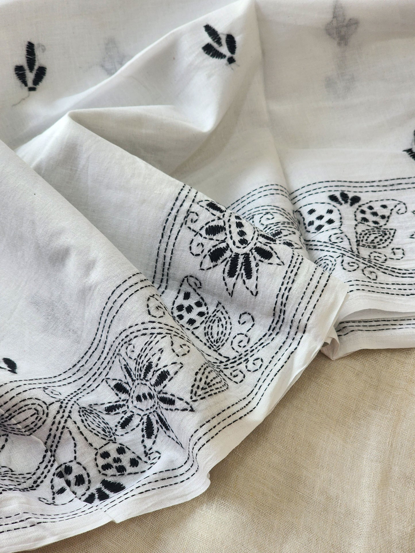 White Kantha Cotton Saree