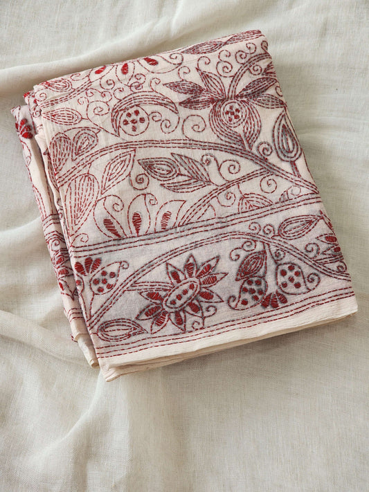 Off White Kantha Cotton Saree