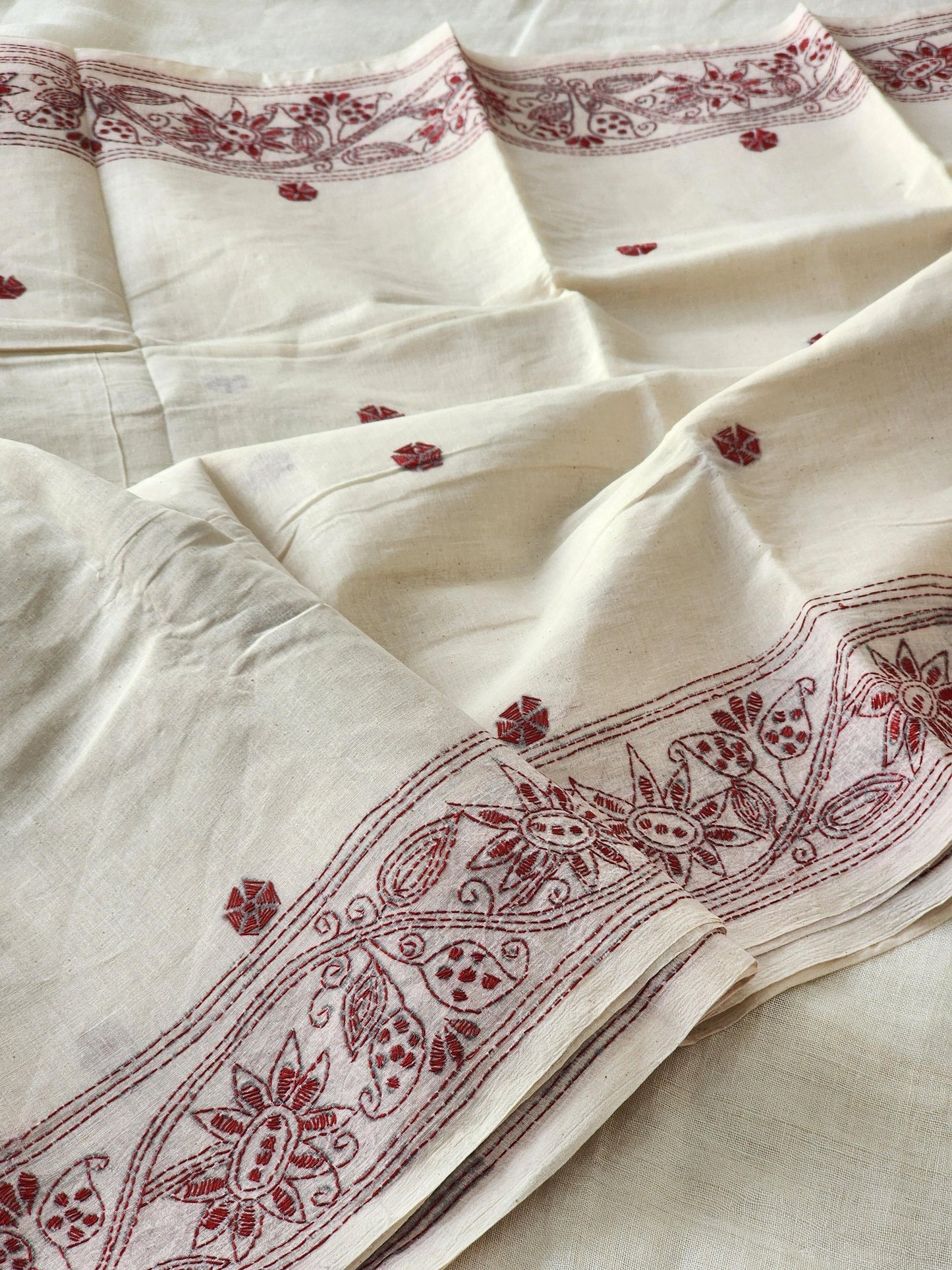 Off White Kantha Cotton Saree