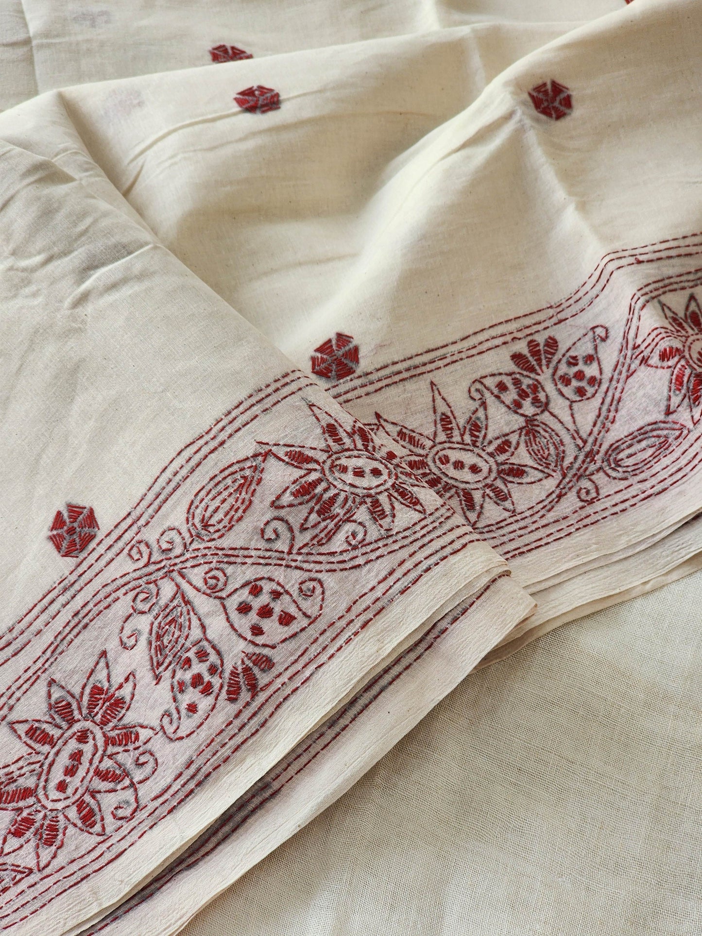 Off White Kantha Cotton Saree