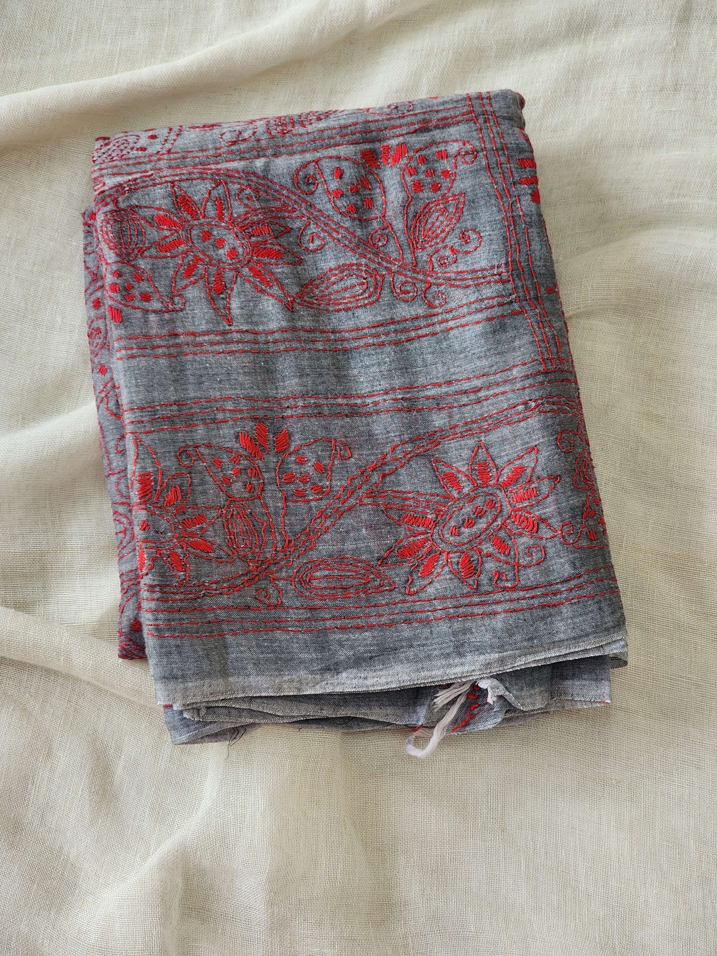 Grey Kantha Cotton Saree
