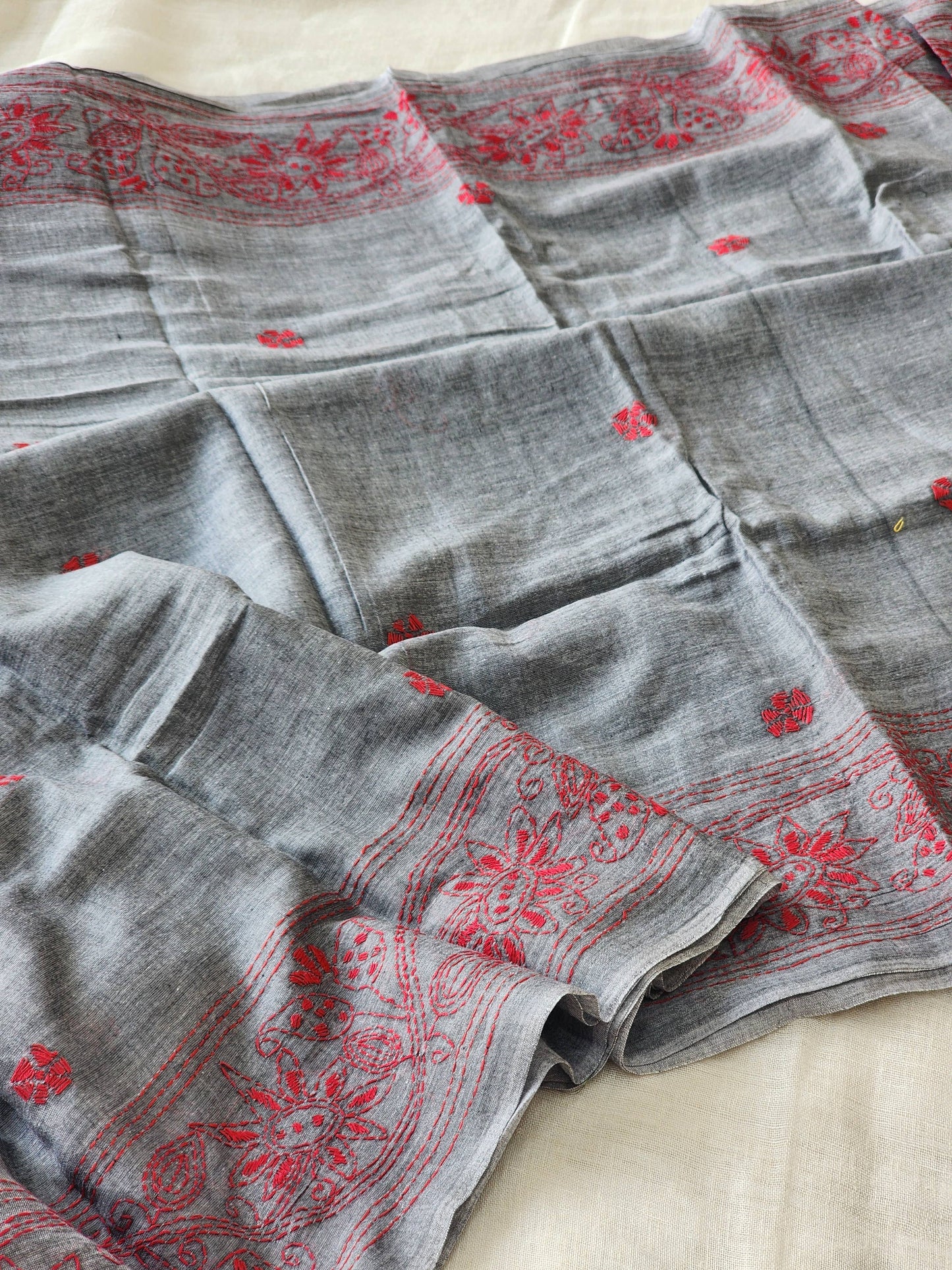 Grey Kantha Cotton Saree