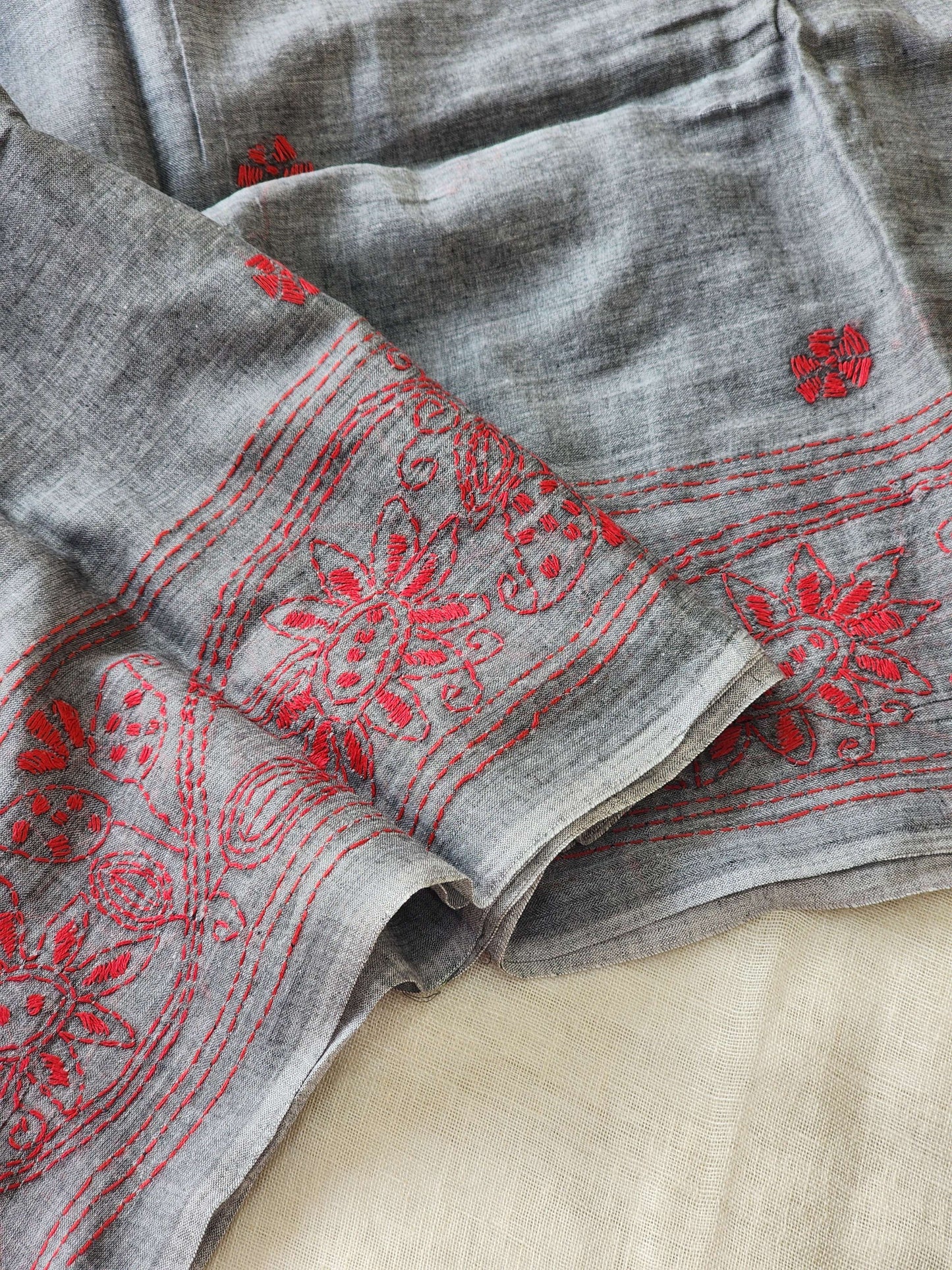 Grey Kantha Cotton Saree