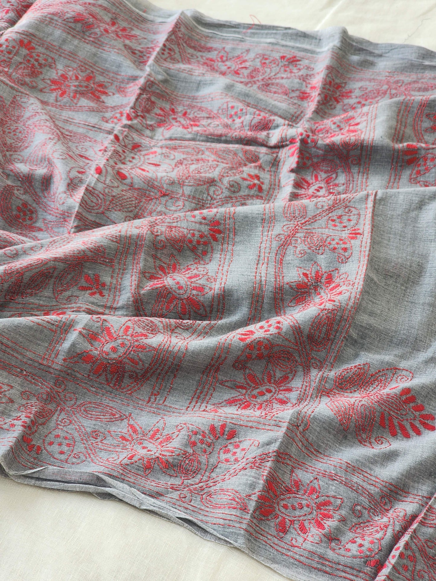 Grey Kantha Cotton Saree