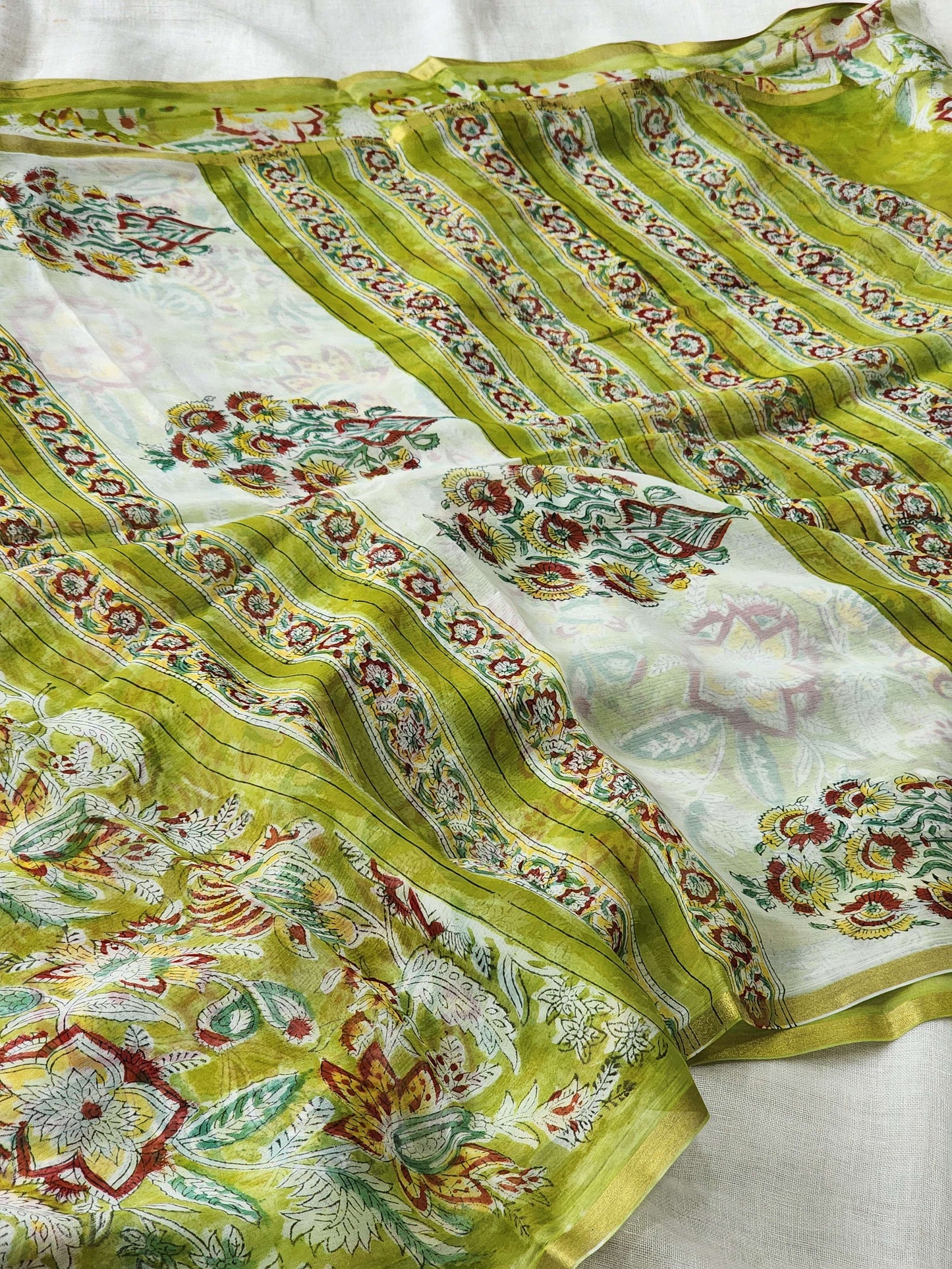 Green Chiffon Handblock Saree