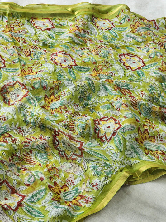 Green Chiffon Handblock Saree