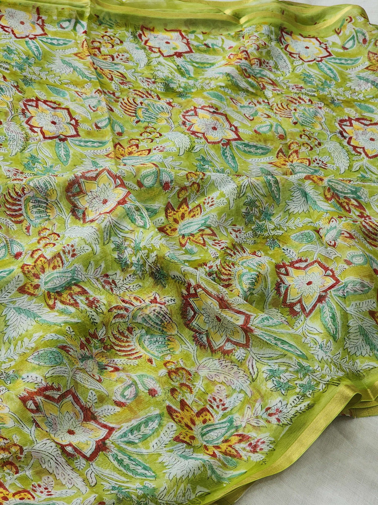 Green Chiffon Handblock Saree