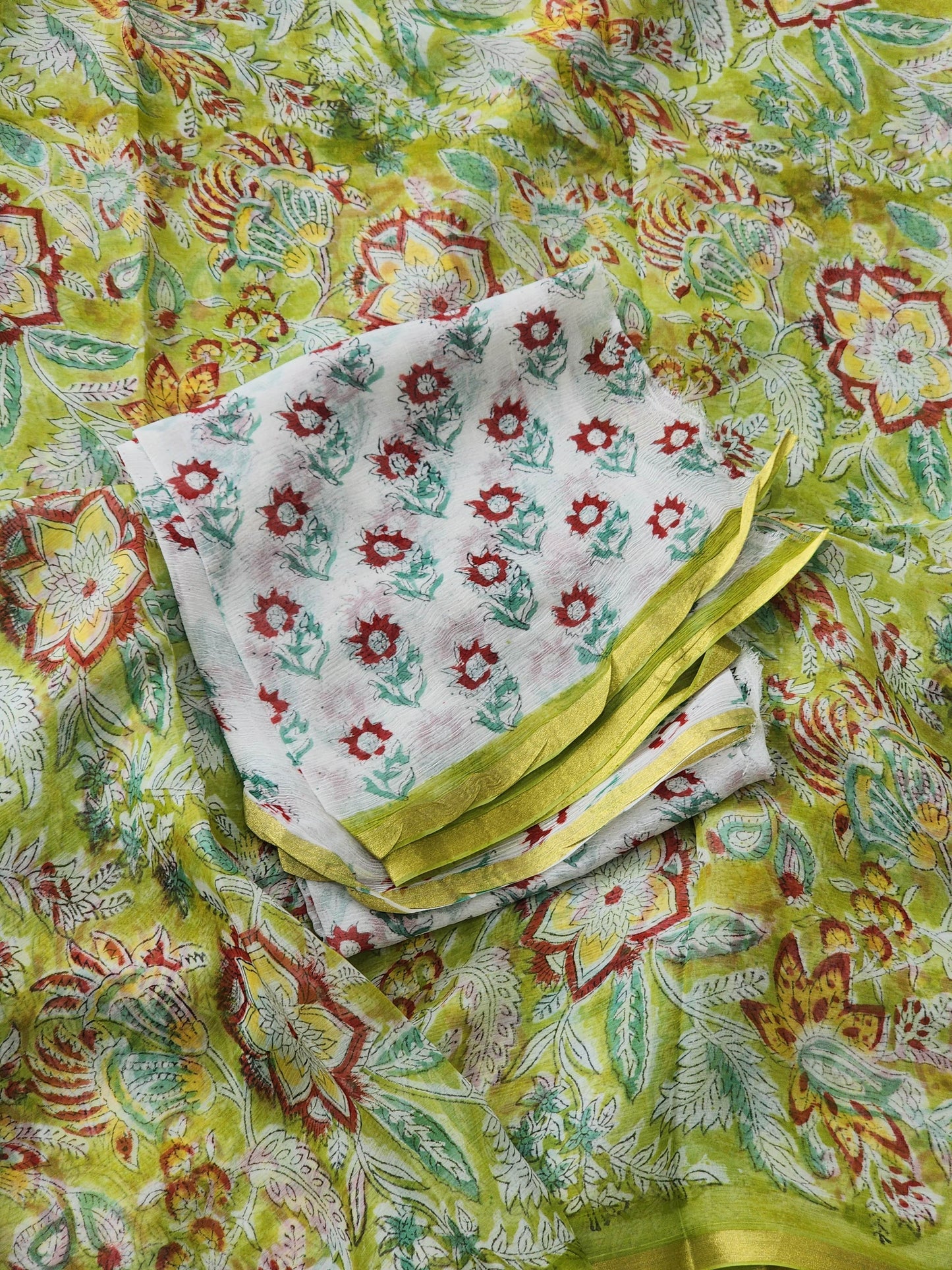 Green Chiffon Handblock Saree