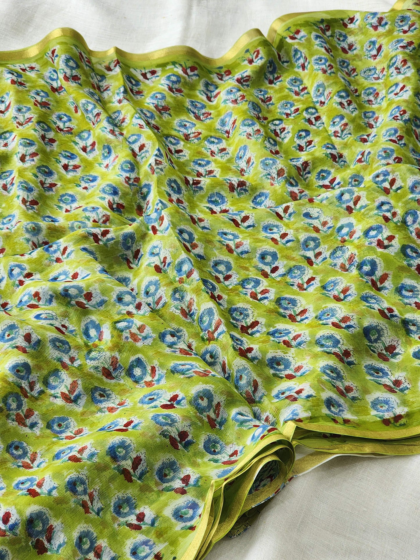 Green Chiffon Handblock Saree