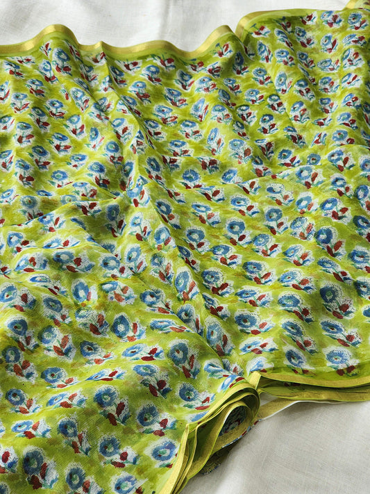 Green Chiffon Handblock Saree