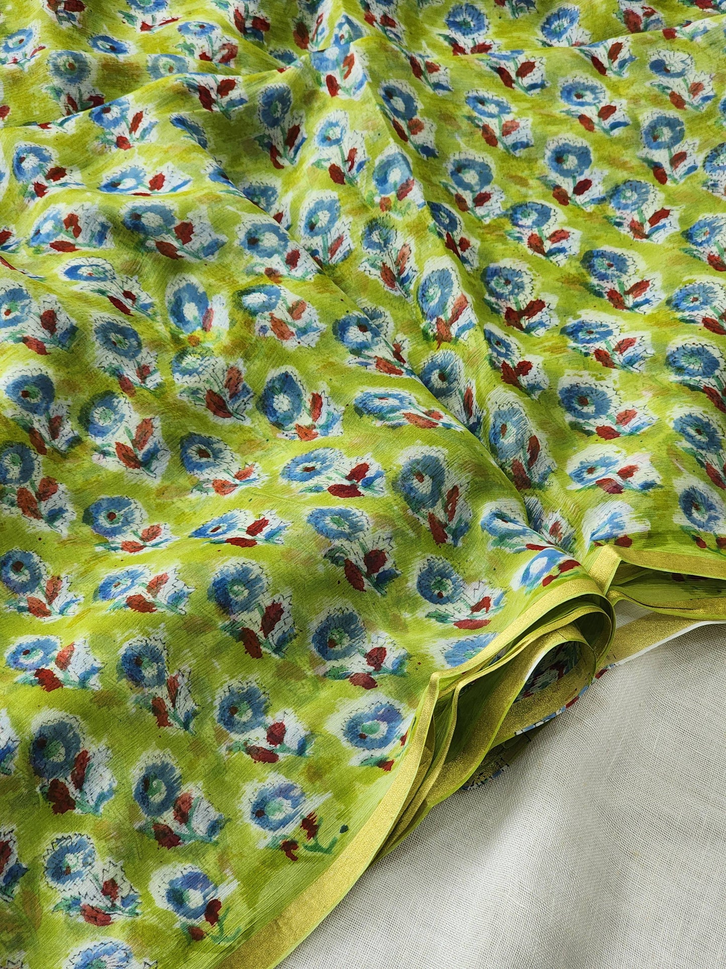 Green Chiffon Handblock Saree