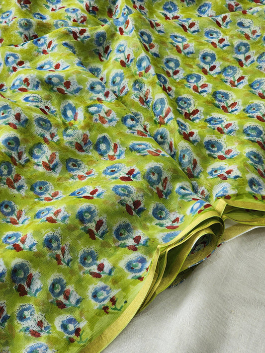 Green Chiffon Handblock Saree