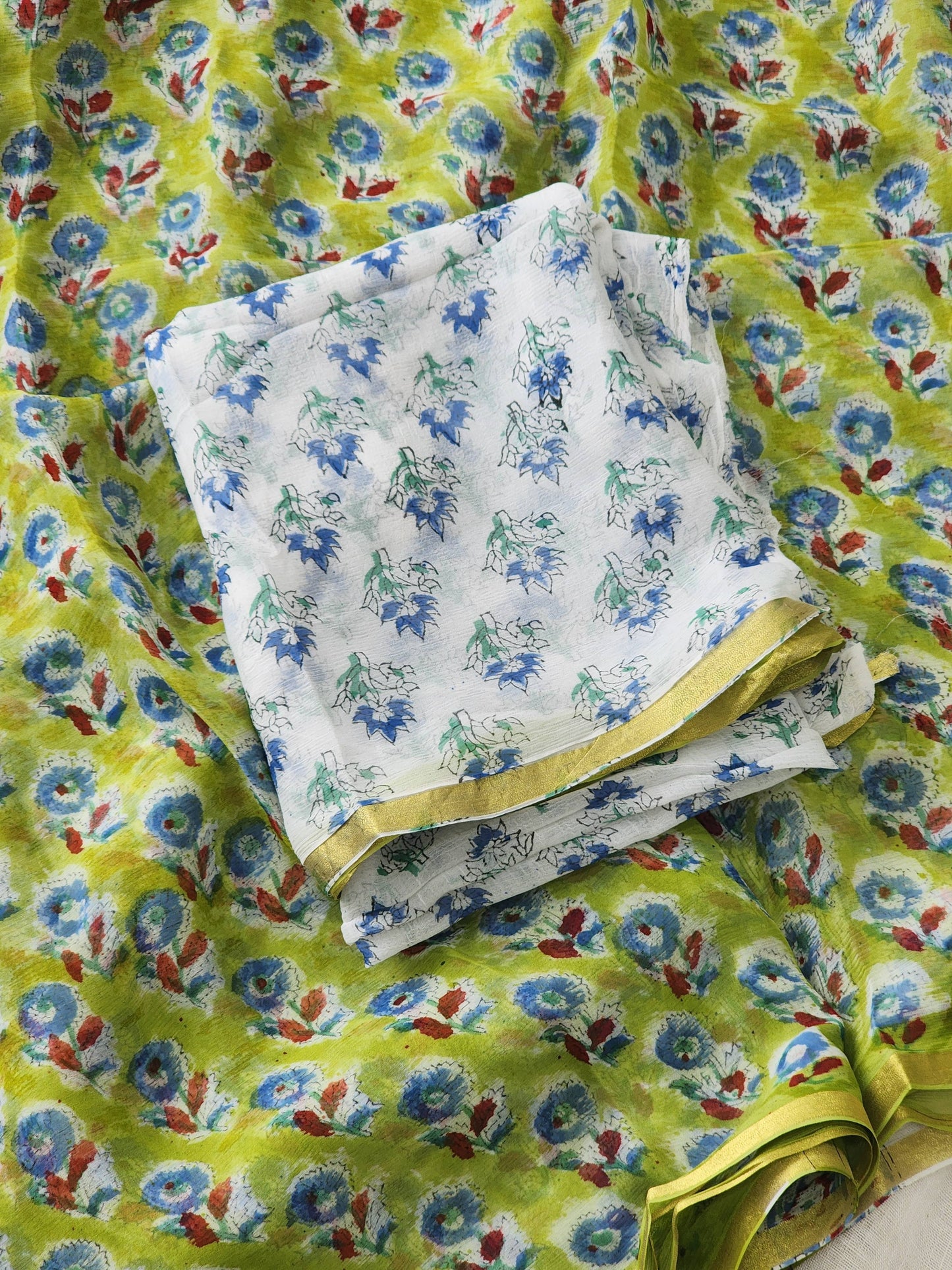 Green Chiffon Handblock Saree