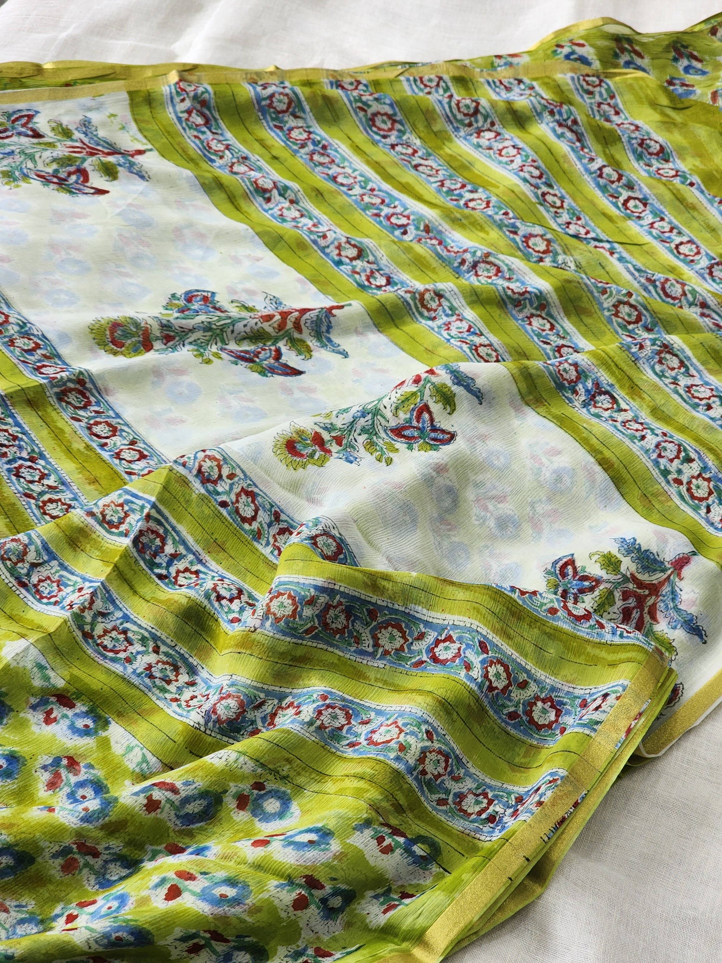 Green Chiffon Handblock Saree