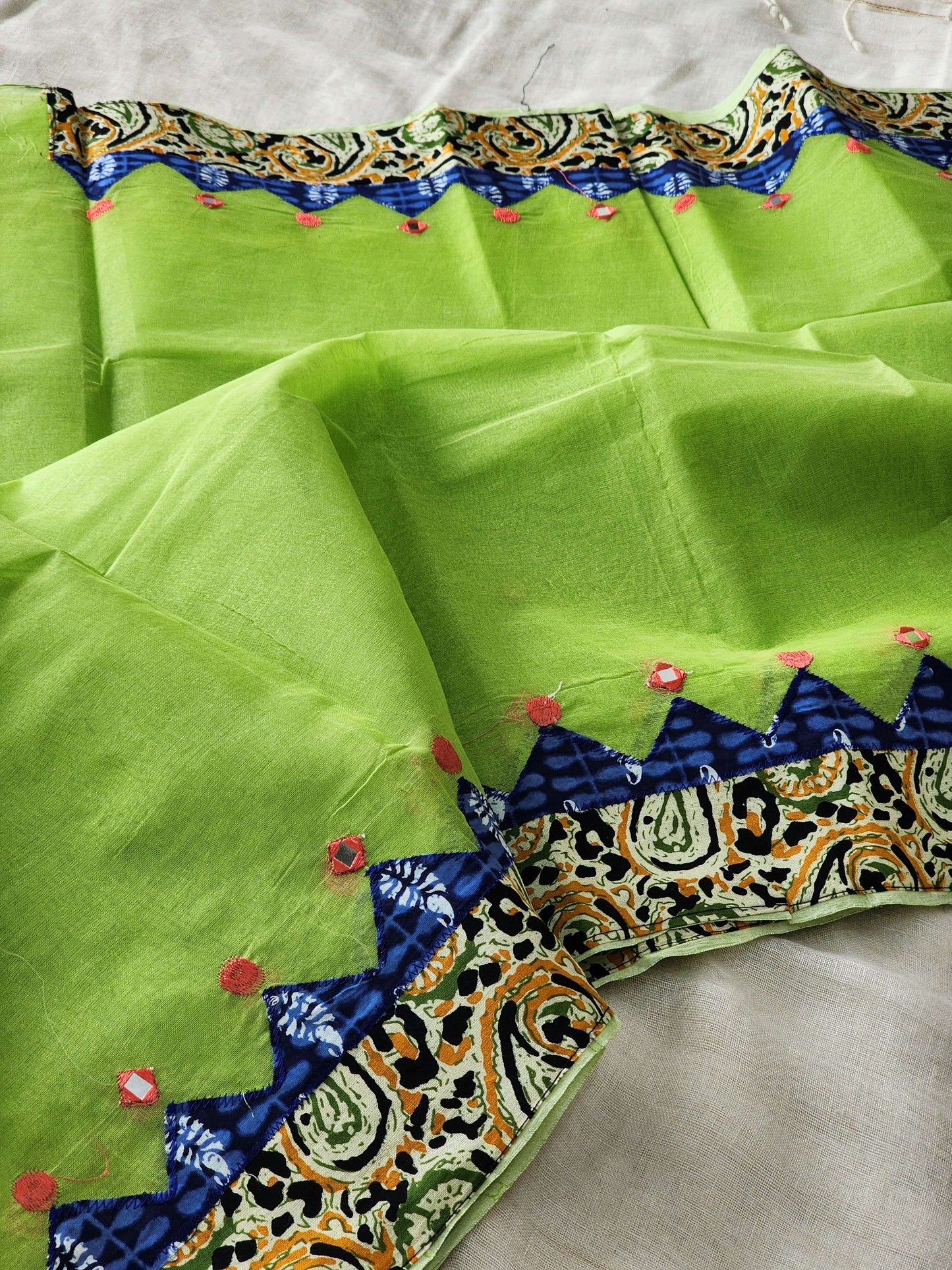Green Cotton Applique Saree