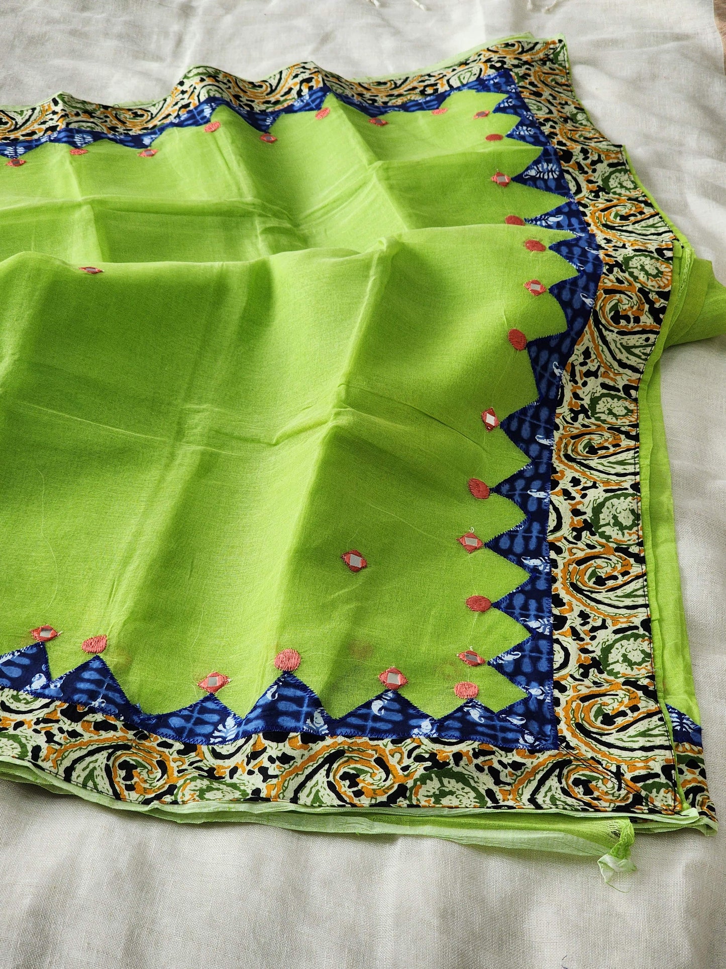 Green Cotton Applique Saree