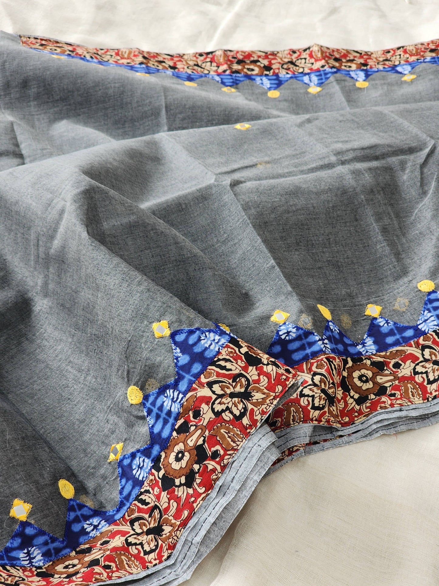 Grey Cotton Applique Saree