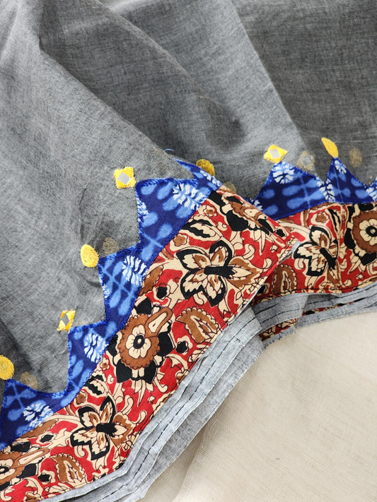 Grey Cotton Applique Saree