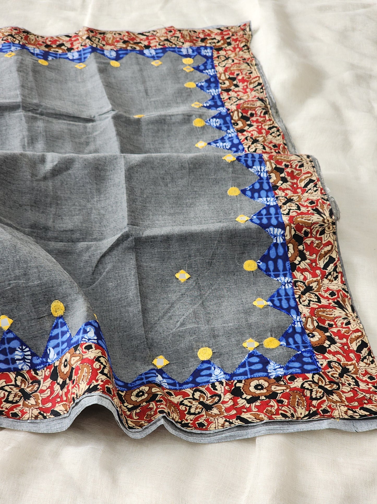 Grey Cotton Applique Saree