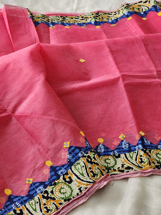 Pink Cotton Applique Saree