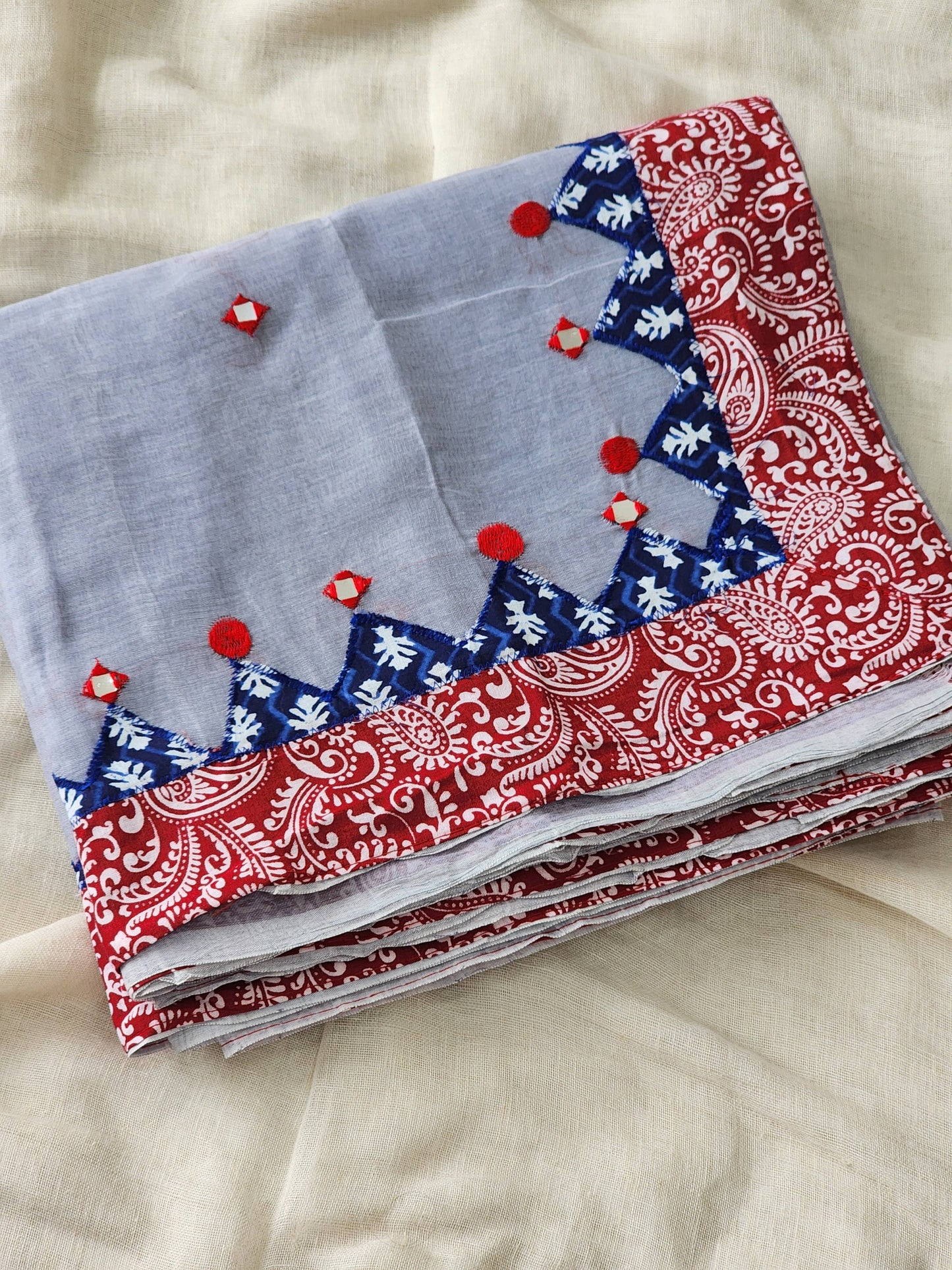 Light Grey Cotton Applique Saree