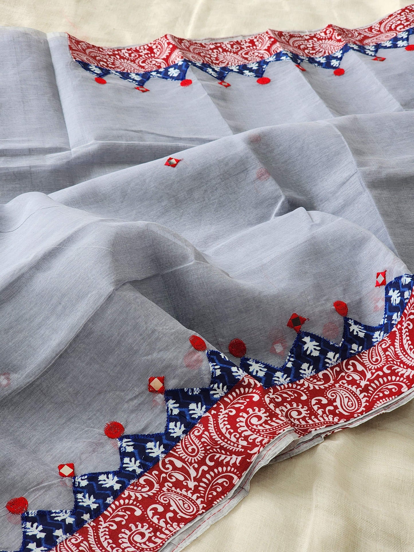 Light Grey Cotton Applique Saree