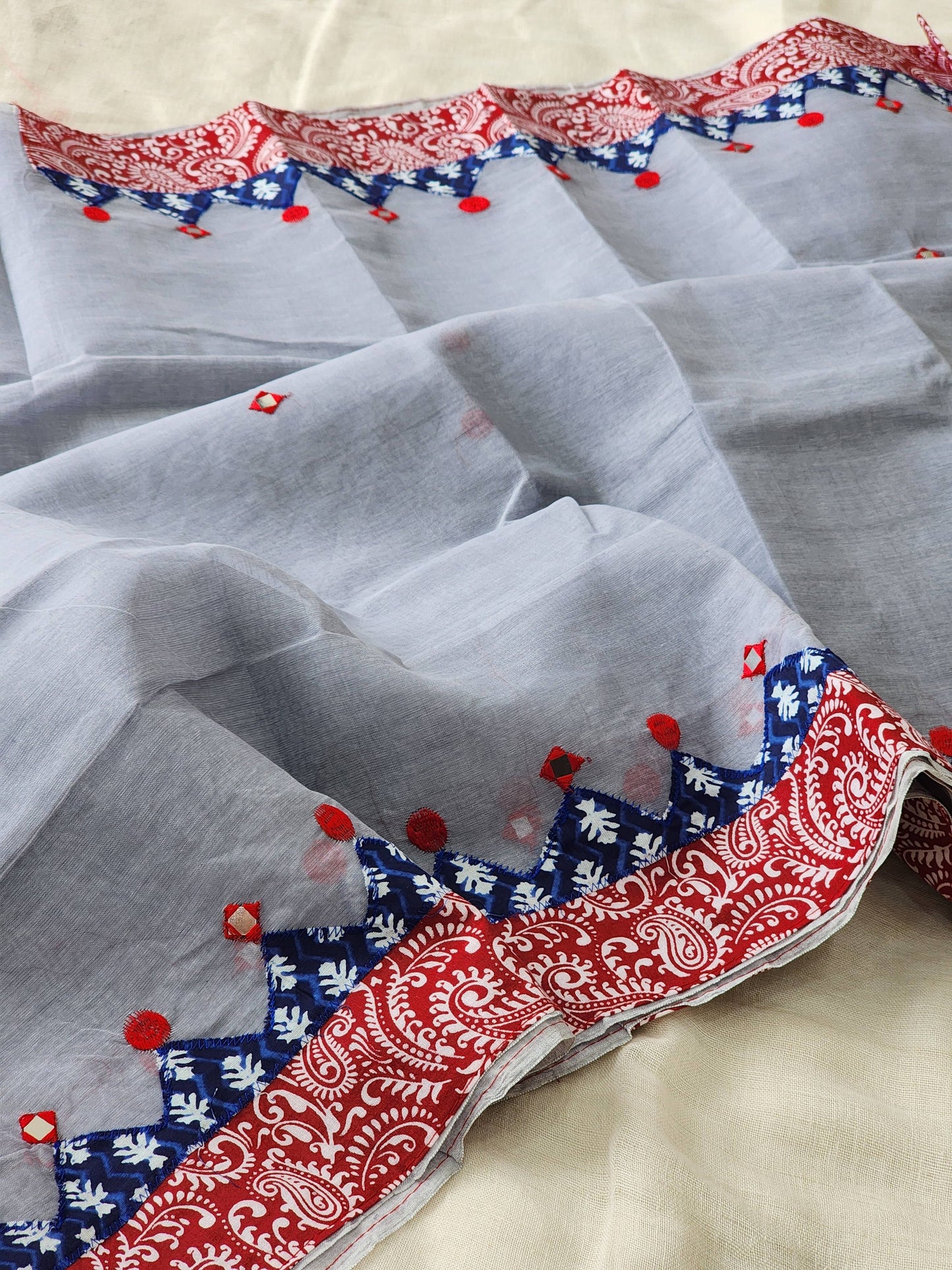 Light Grey Cotton Applique Saree