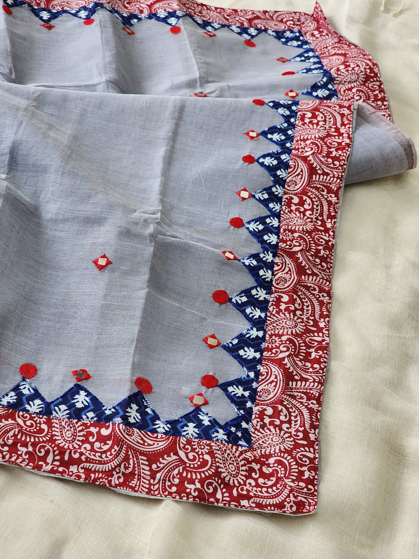 Light Grey Cotton Applique Saree