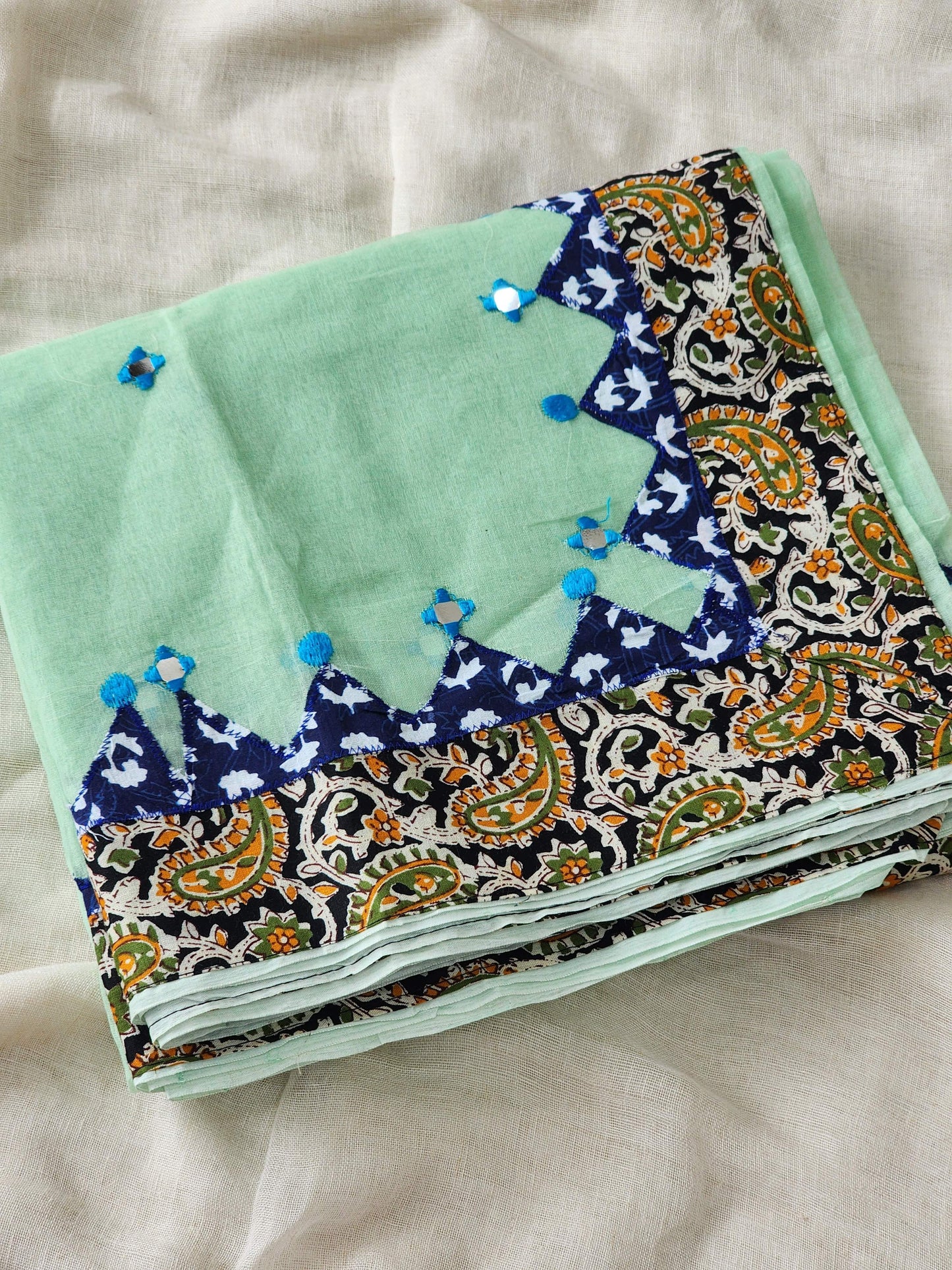Mint Green Cotton Applique Saree