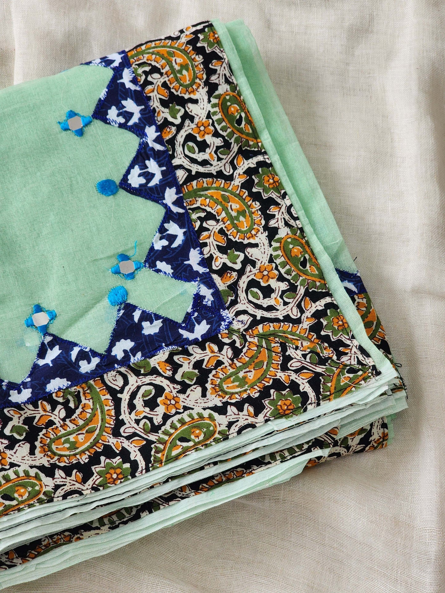Mint Green Cotton Applique Saree