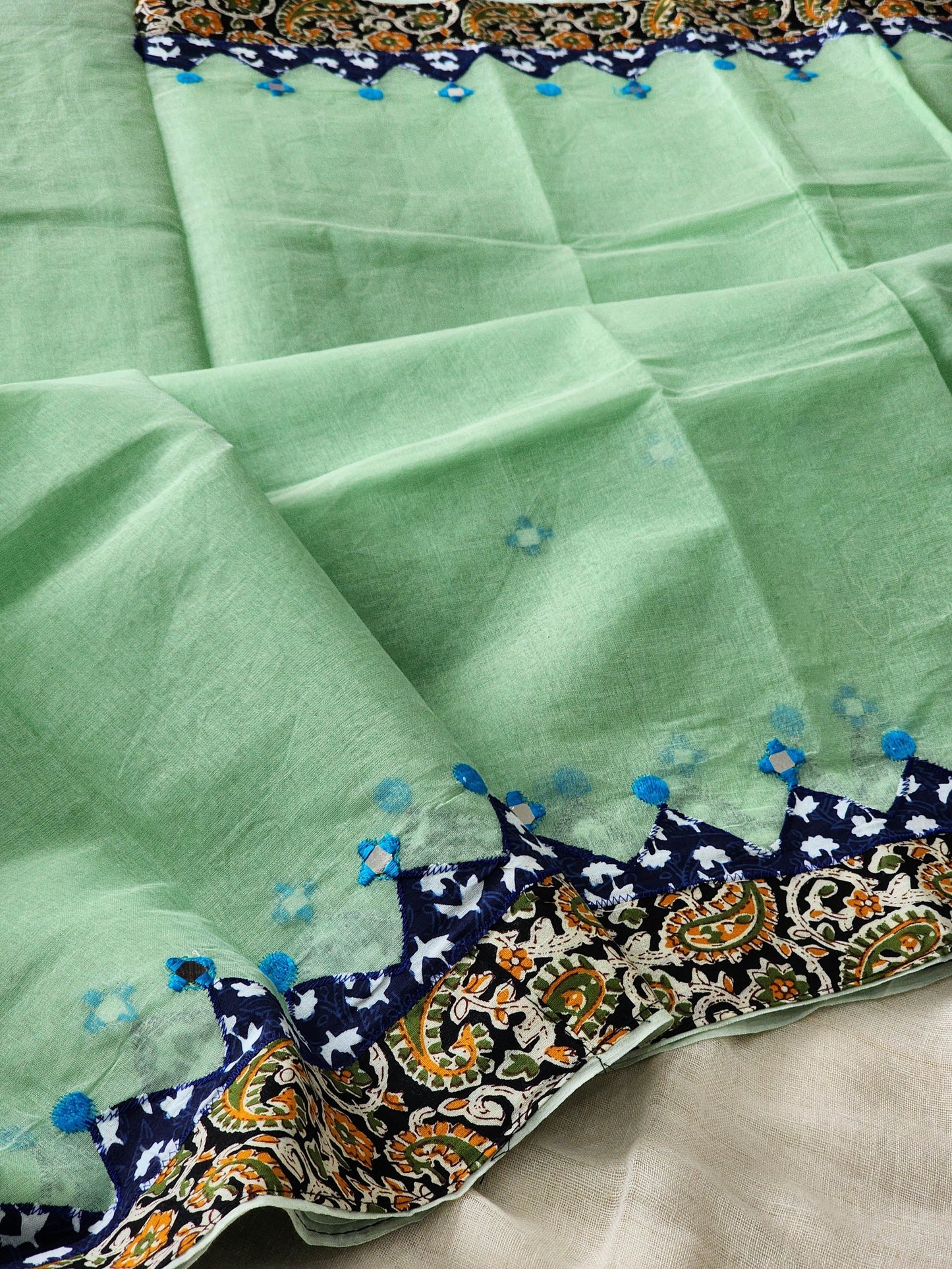 Mint Green Cotton Applique Saree