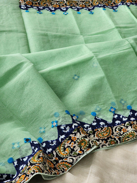 Mint Green Cotton Applique Saree