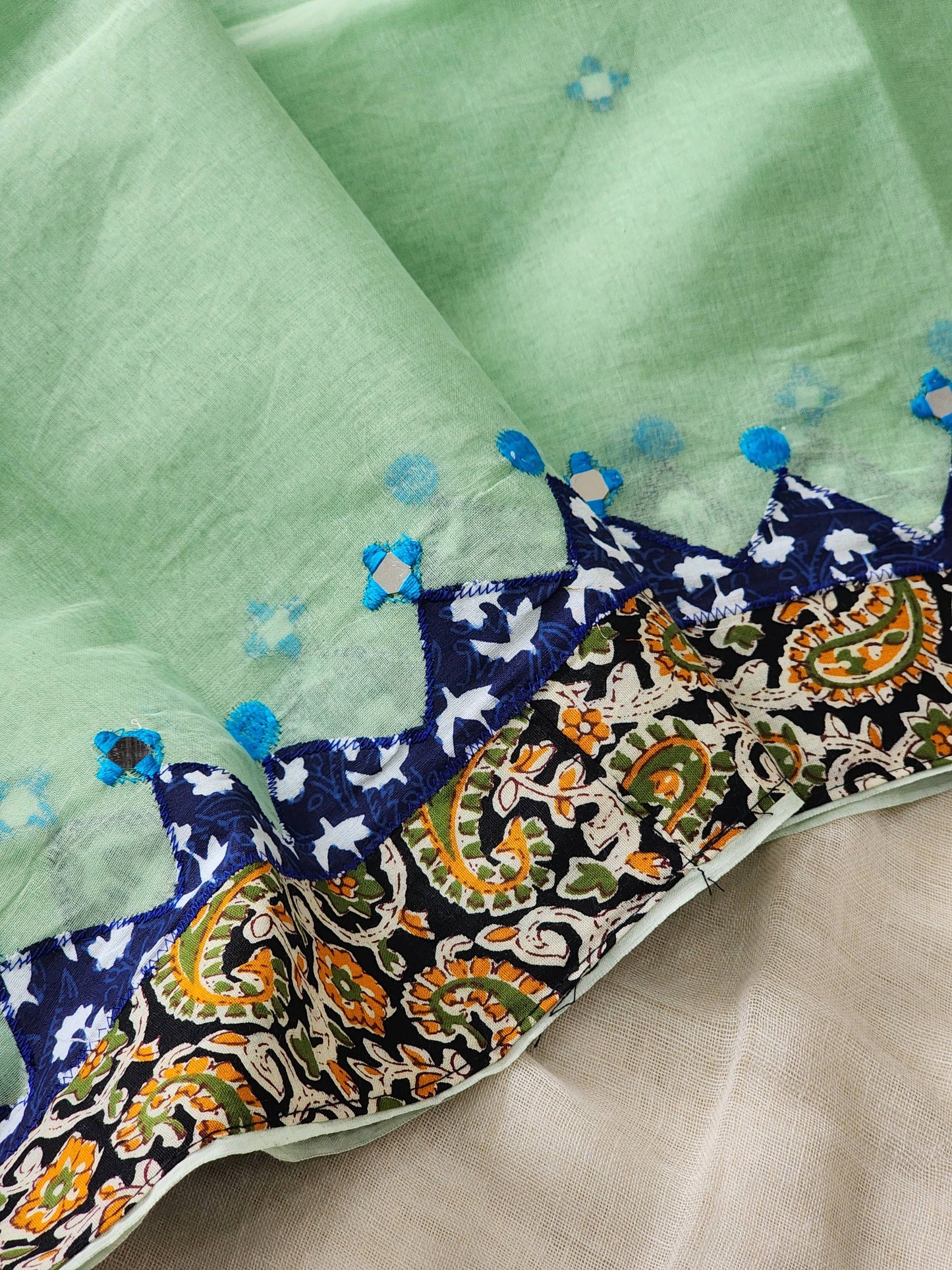Mint Green Cotton Applique Saree